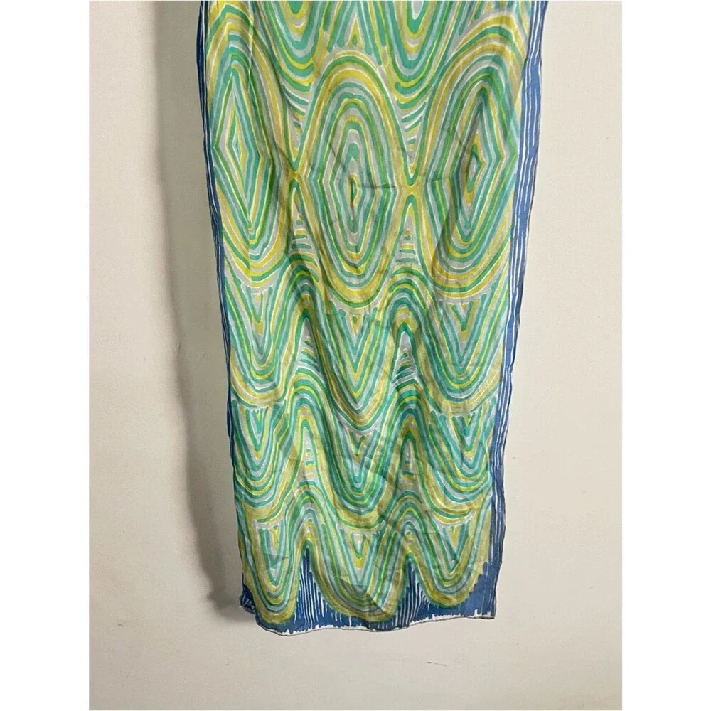 Vintage Veratepe Silk Rayon Abstract Wave Scarf Handmade in Japan Blue Green Ret